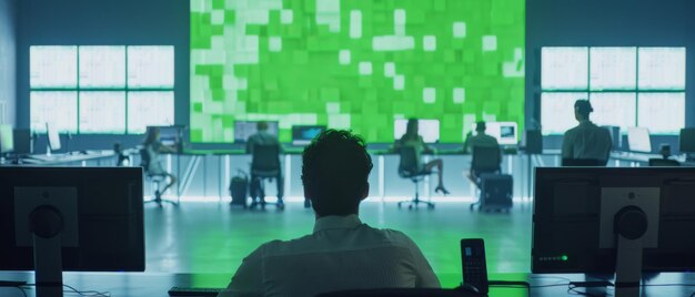 in a hightech control room a person monitors a large digital screen displaying data with colleagues working at computer stations in the background