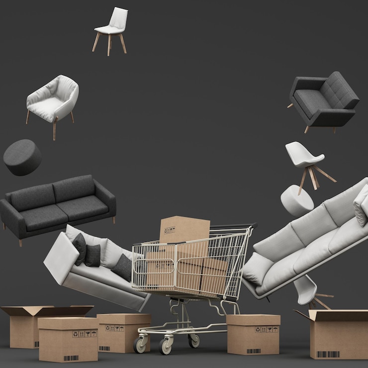 Fotoğraf interior design concept sale of home decorations and furniture during promotions and discounts surrounded by beds sofas armchairs and advertising spaces banner black background 3d rendering