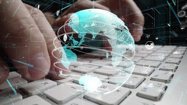 İş verileri analitik modernizasyonunun grafiği ile bilgisayarda çalışan adam