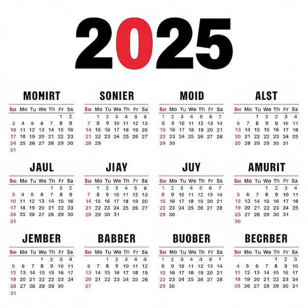 İşletmeniz için kolayca düzenlenebilir kırmızı ve siyah kombinasyonlu 2025 Takvim Şablonu