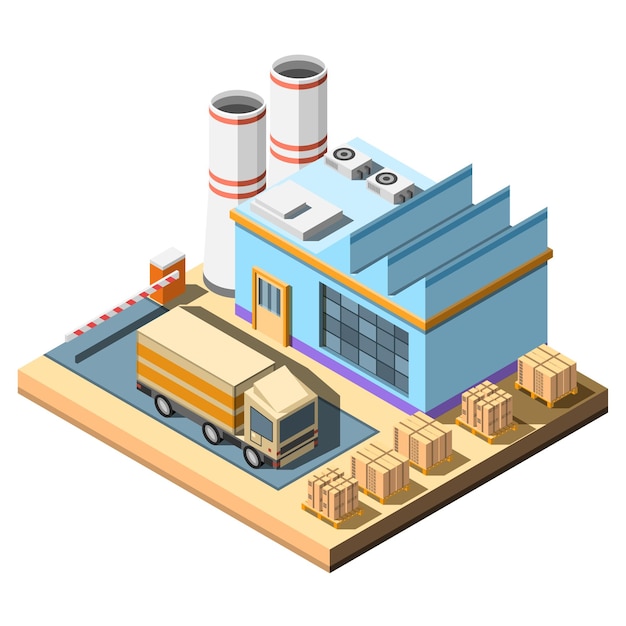 Isometric 3D Factory Building With Pipes Truck And Barrier Vector Design Style