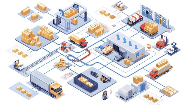 Isometric illustration depicting a modern industrial logistics operation with automated machinery