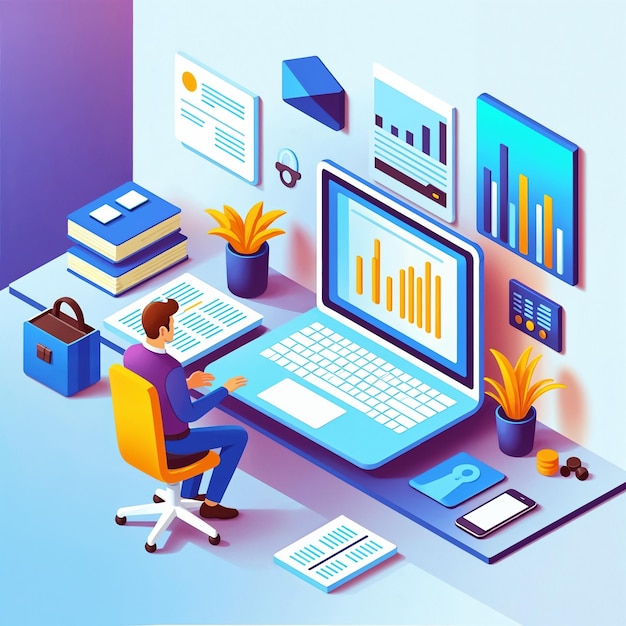 Isometric office scene with a man working on a laptop