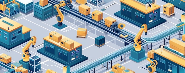 Isometric view of automated logistics factory with robots and conveyor belts