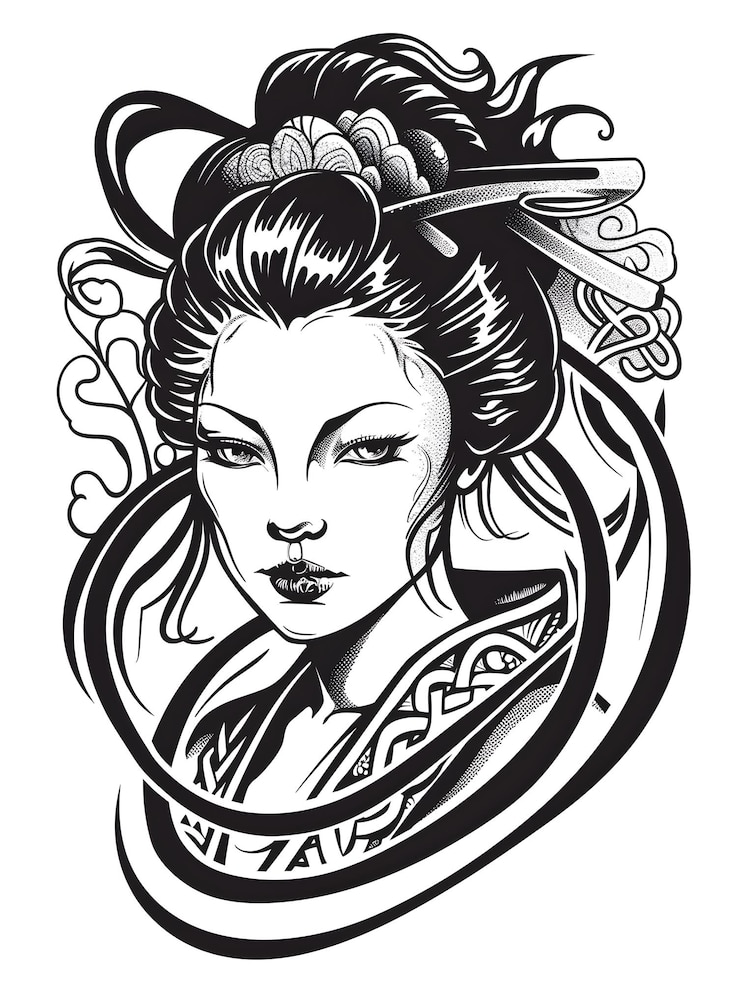 Fotoğraf japanese geisha head very simple traditional tattoo flash styles illustration