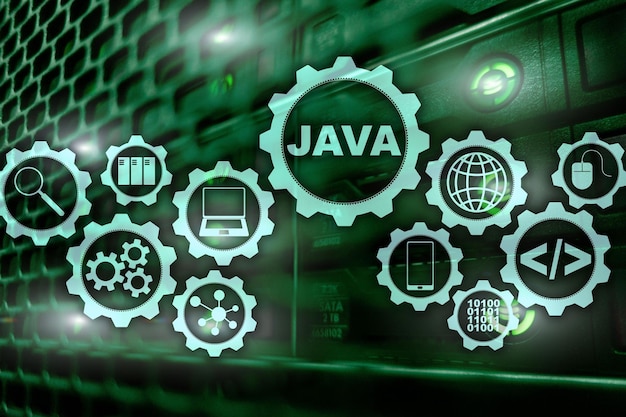 Java Programming concept Virtual machine On server room background