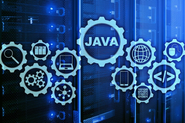 Java Programming concept Virtual machine On server room background