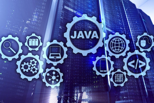 Java Programming concept Virtual machine On server room background