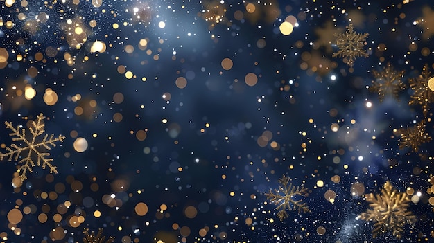 Kar taneleri ve altın payetlerle lacivert noel arka planı