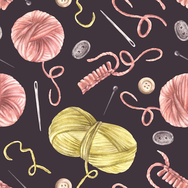 Knitting needlework seamless pattern skeins of yarn wooden and needles pins buttons balls of wool