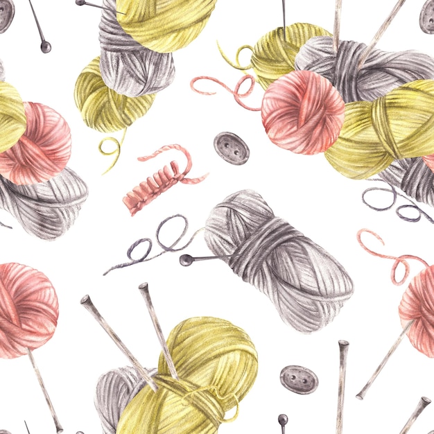 Knitting needlework seamless pattern skeins of yarn wooden needles pins buttons balls of wool
