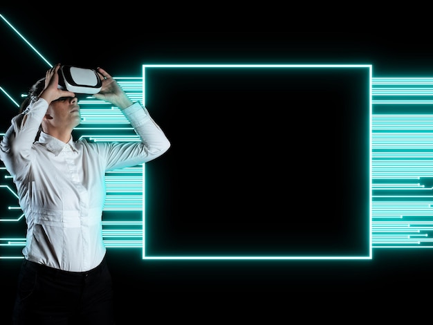 Lady in white shirt Wearing Vr Glasses And Looking On Important Messages Businesswoman Having Virtual Reality Eyeglasses And Showing Crutial Informations