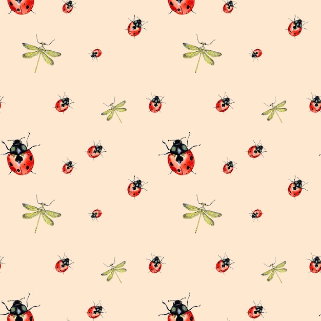 Ladybug red dragonfly yellow beige pattern. A watercolor illustration. Hand drawn texture and isolat