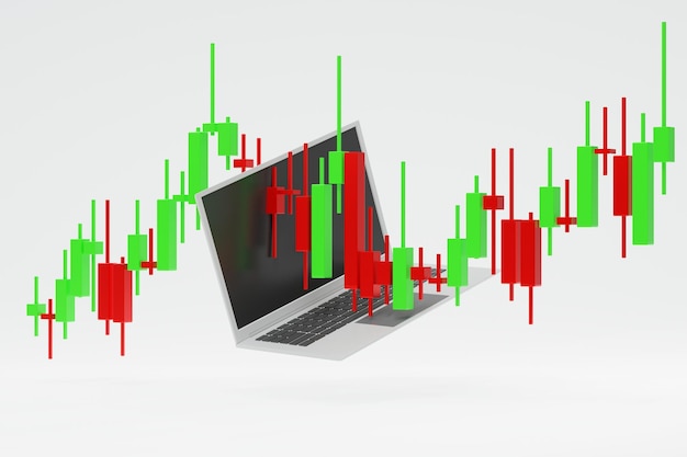 Laptop computer and candle stick chart showing upside or downside trend of stock market or cryptocurrency diagram 3d rendering