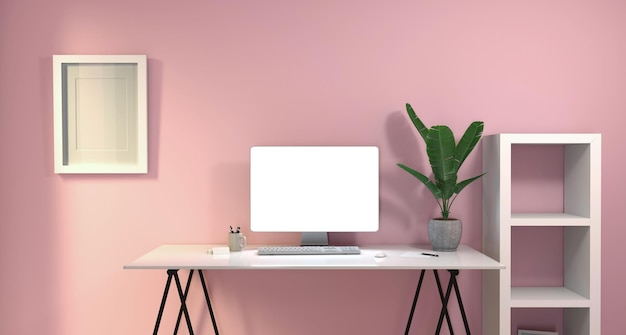 laptop on a desk pink color mock up 3d rendering