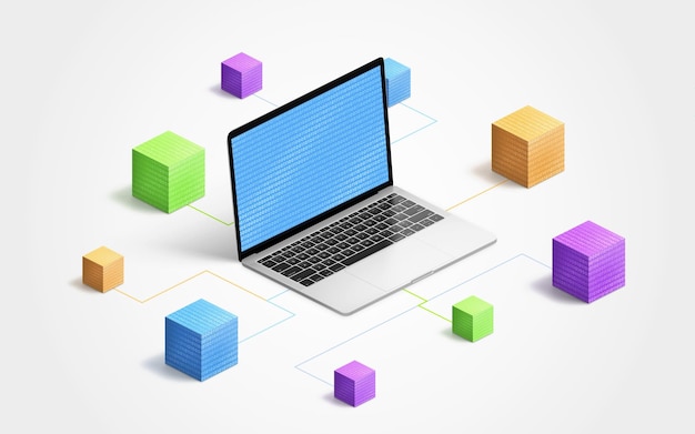 laptop technology integrated into blockchain network with colorful cubes binary code