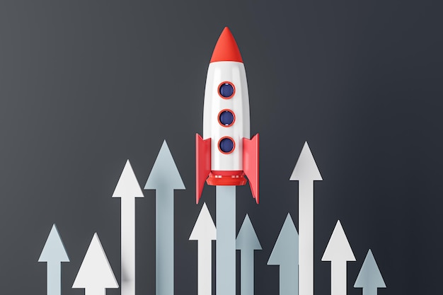 Launching rocket with arrows on black background Start up and new beginning concept 3D Rendering