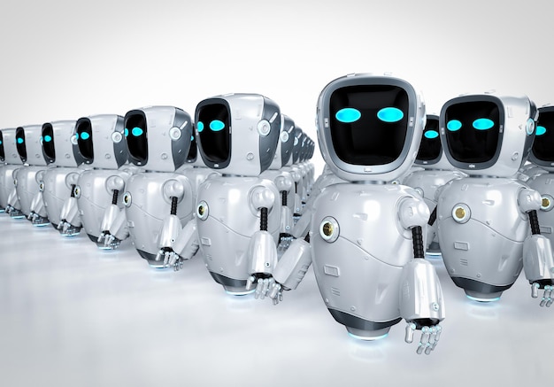 Leadership concept with 3d rendering assistant robot standing in a row