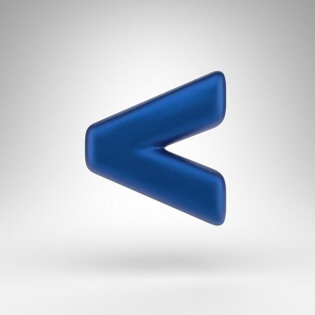 Less than symbol on white background. Anodized blue 3D rendered sign with matte texture.