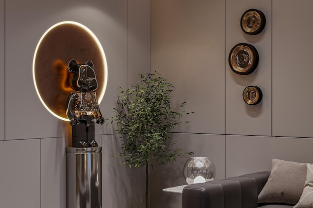 living room corner interior with statue and metal objects