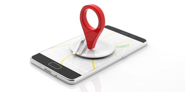 Location marker and place setting on smartphone isolated on white 3d illustration