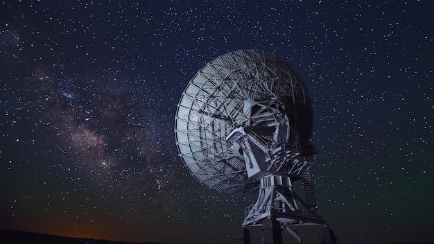 Low angle view of radio telescope against star field at night