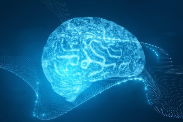 Low polygon brain wireframe mesh on blue background AI and computing concept 3D Rendering