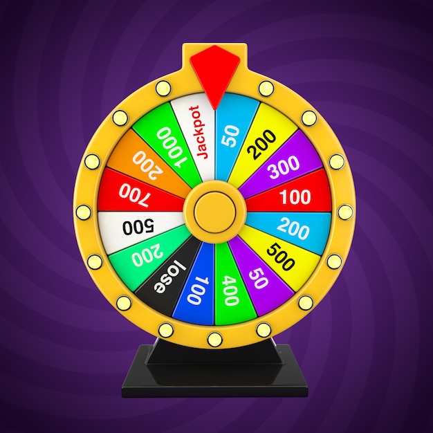 luck and fortune concept. spinning colorful fortune wheel on a lavender background. 3d rendering