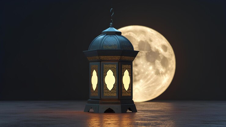 Luxurious Islamic decoration featuring a lantern and crescent moon perfect for Ramadan and Eid
