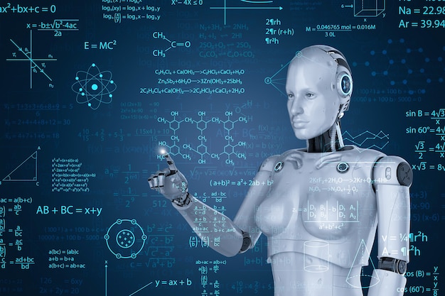 Machine learning concept with 3d rendering female cyborg or robot with math formula