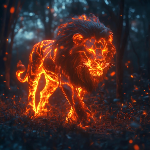 Majestic Lava Lion in a Glowing Forest of Fiery Embers