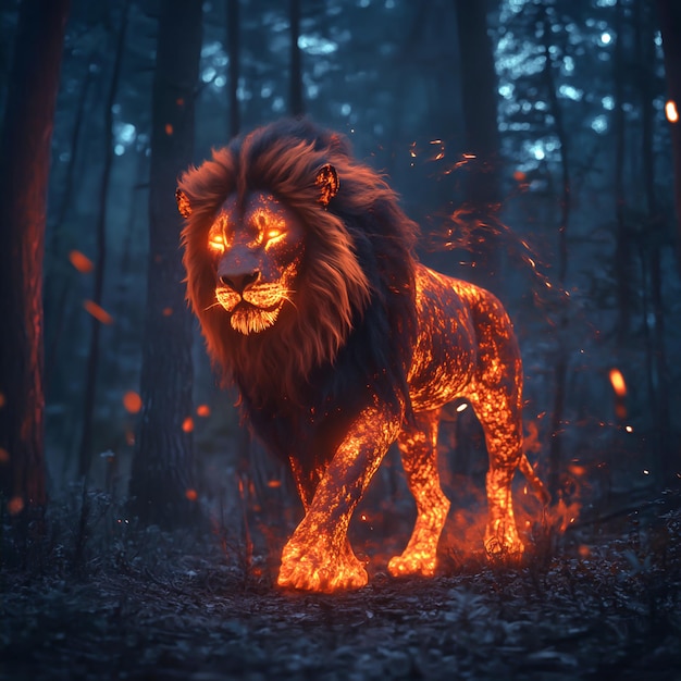 Majestic Lava Lion in a Glowing Forest of Fiery Embers