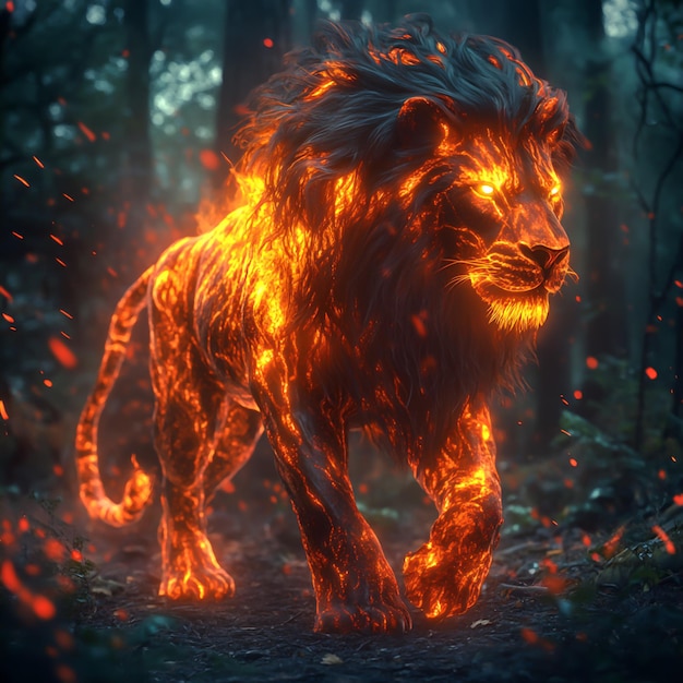 Majestic Lava Lion in a Glowing Forest of Fiery Embers