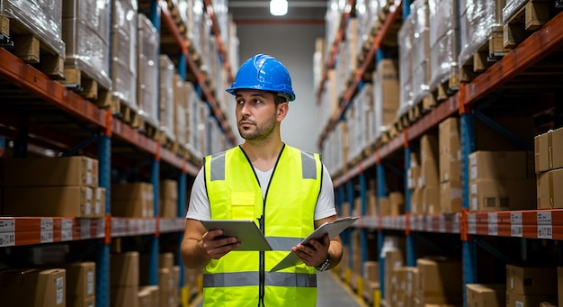 Man in warehouse wearing hard hat and vest holding tablet and clipboard looking nature