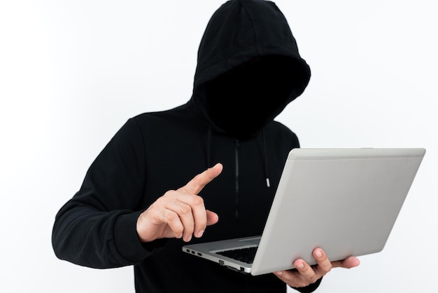 Man Standing With Laptop Presenting Cyber Security Businessman Thinking Deeply For Information Technology Defence Guy Brain Storming Brilliant Strategies