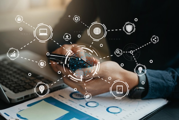 Man using smart phone with global network connection Technology innovative and communication concept