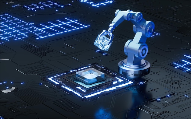 mechanical arm and circuit chip in the scitech background 3d rendering