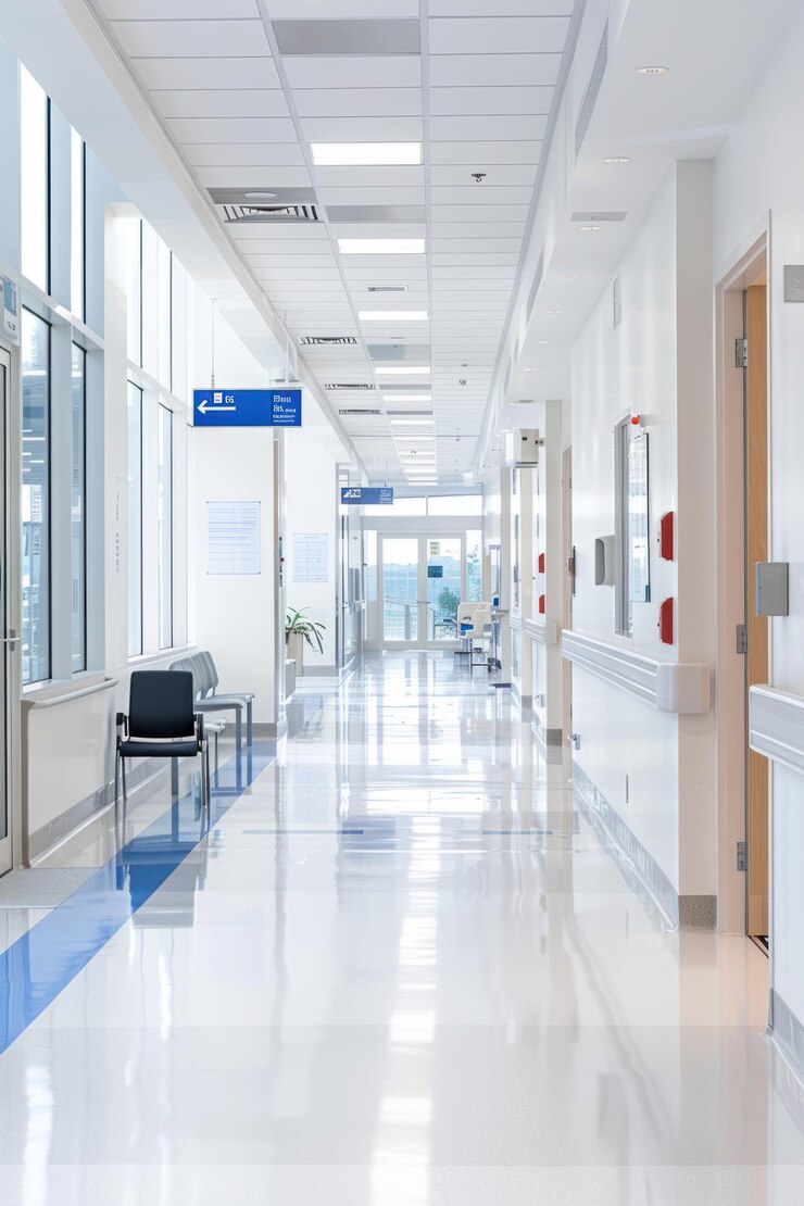 Medical Background A deserted hospital corridor stretching into the distance featuring large