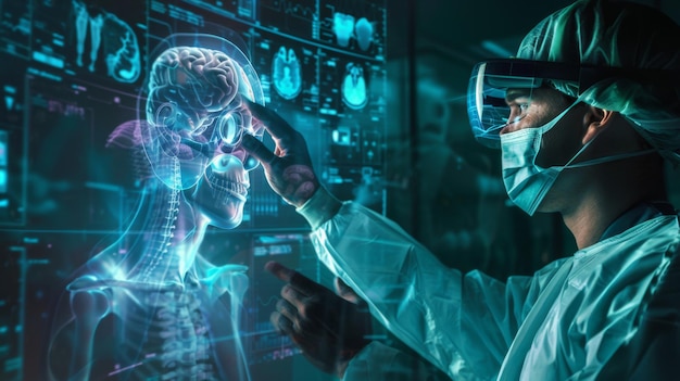Medical research hospital doctor neurobiologist neurosurgeon looks at TV screen with MRI scan with brain images thinks about treatment method for sick patients Saving Lives
