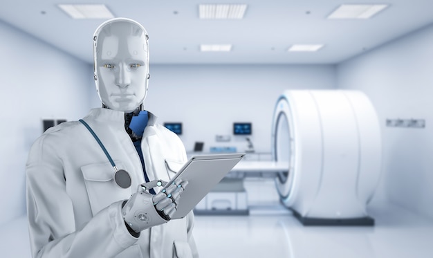 medical technology concept with 3d rendering doctor robot with mri scan machine