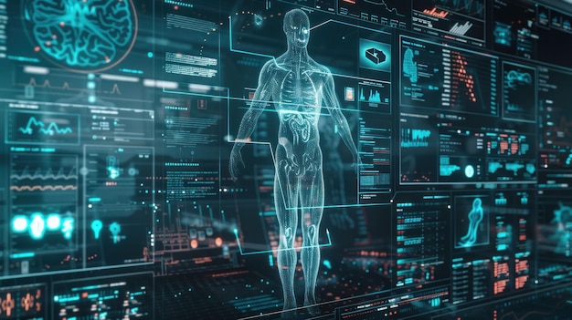 medical technology digital anatomy healthcare interface human body model futuristic display a transparent human figure surrounded by digital screens showcasing health data and body systems