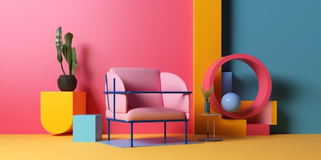 Memphis design room sofa interior geometric sunlight art home colourful armchair Generative AI