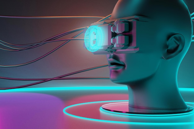 Metaverse sanal gerçeklik simülasyon oyun siberpunk tarzı dijital robot yapay zeka 3D çizim renderlama