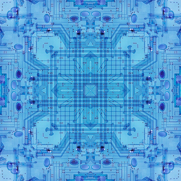 Microchip technology concept background with circuit board electronic elements. Abstract pattern for computer technology, motherboard integrated computing illustration.