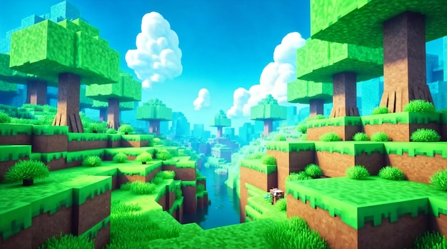 Minecraft-inspired landscape with trees, grass, and water
