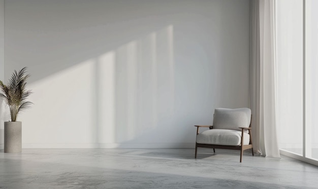 Minimalist interior with a comfortable chair and a potted plant against a light wall