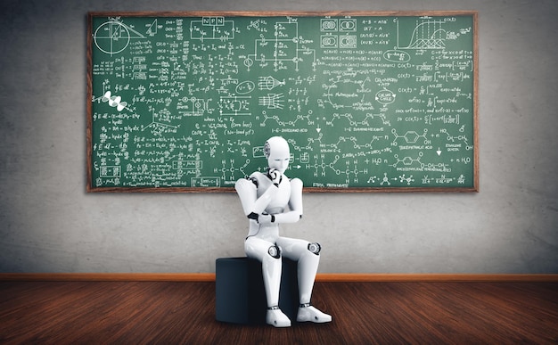 mlb thinking ai humanoid robot analyzing screen of mathematics formula and science
