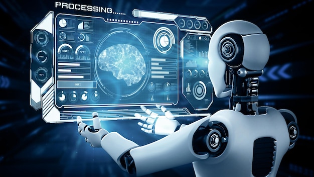 mlp ai hominoid robot holding virtual hologram screen showing concept of ai brain