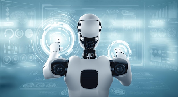 mlp ai humanoid robot touching virtual hologram screen showing concept of big data