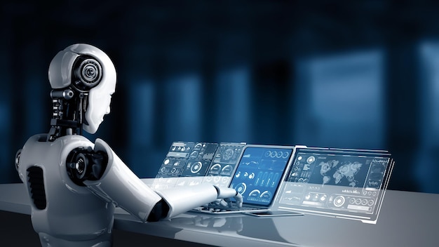 mlp robot hominoid use laptop and sit at table for big data analytic